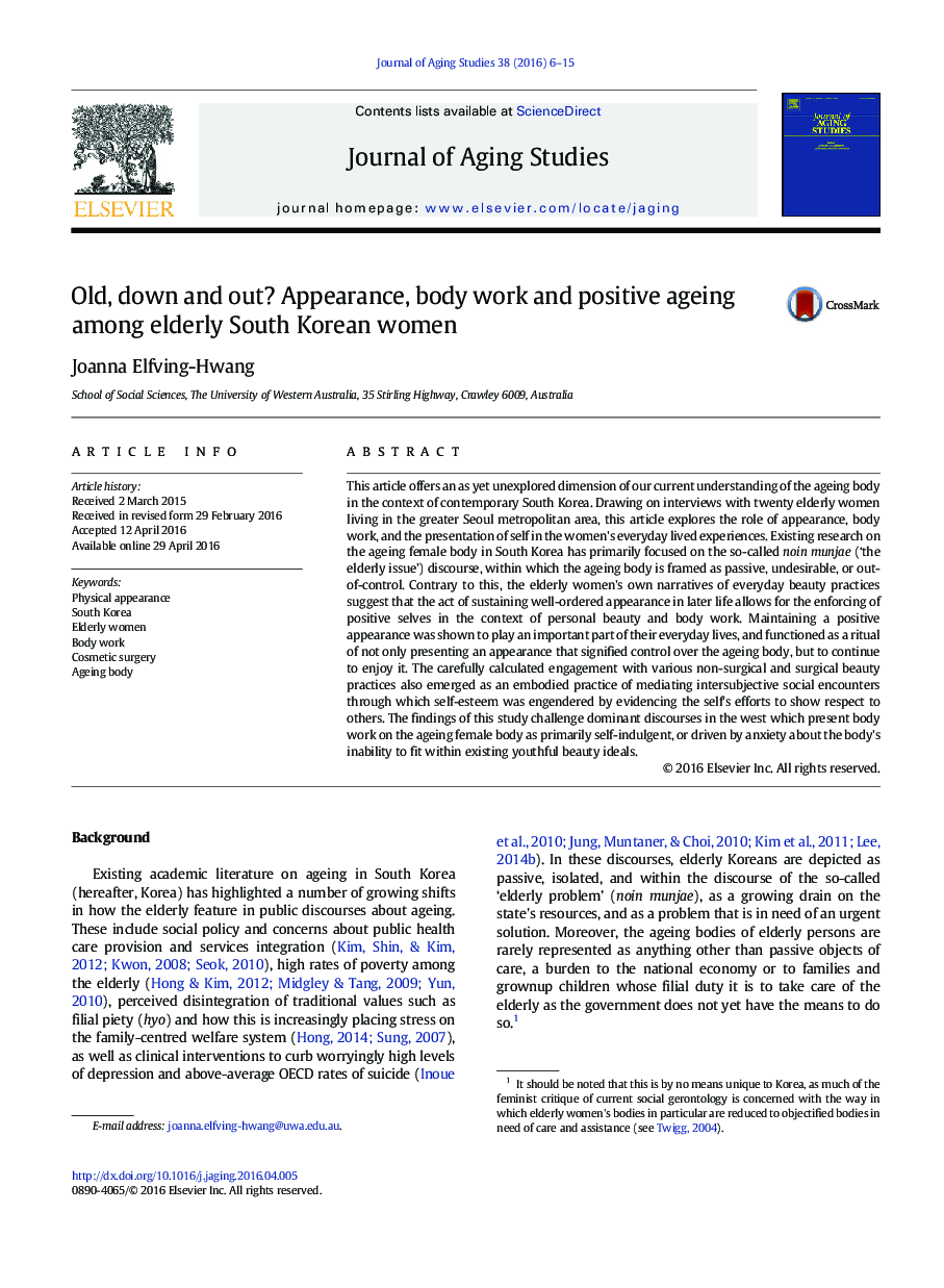 Old, down and out? Appearance, body work and positive ageing among elderly South Korean women