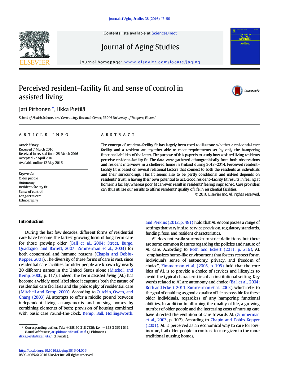 Perceived resident–facility fit and sense of control in assisted living