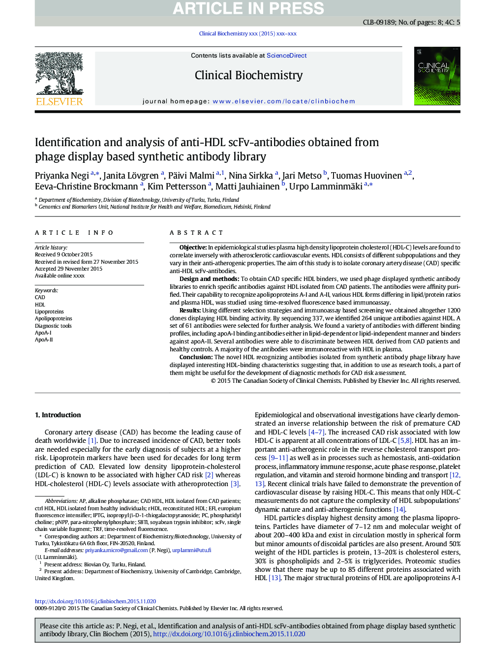 عکس صفحه اول مقاله: Identification and analysis of anti-HDL scFv-antibodies obtained from phage display based synthetic antibody library Identification and analysis of anti-HDL scFv-antibodies obtained from phage display based synthetic antibody library