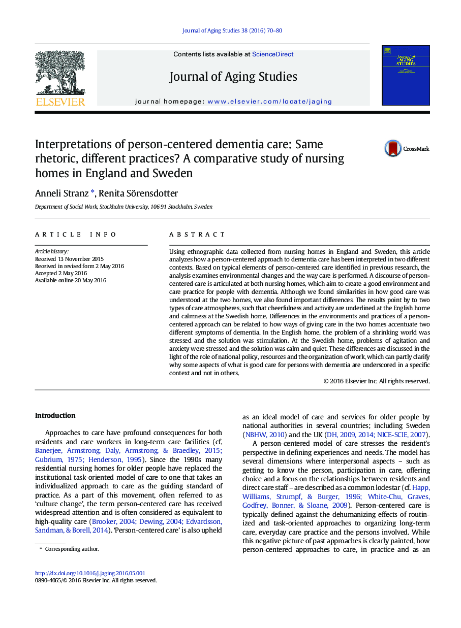 Interpretations of person-centered dementia care: Same rhetoric, different practices? A comparative study of nursing homes in England and Sweden