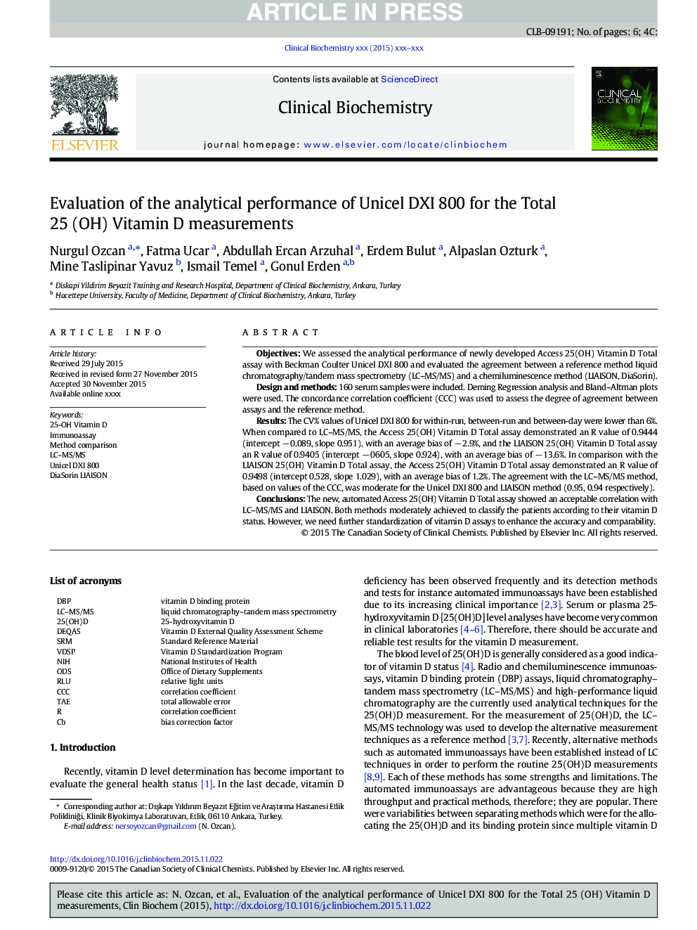 Evaluation of the analytical performance of Unicel DXI 800 for the Total 25 (OH) Vitamin D measurements
