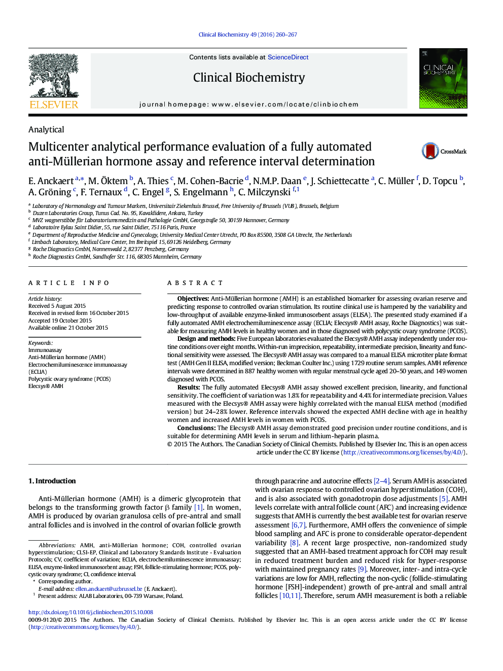 Multicenter analytical performance evaluation of a fully automated anti-Müllerian hormone assay and reference interval determination