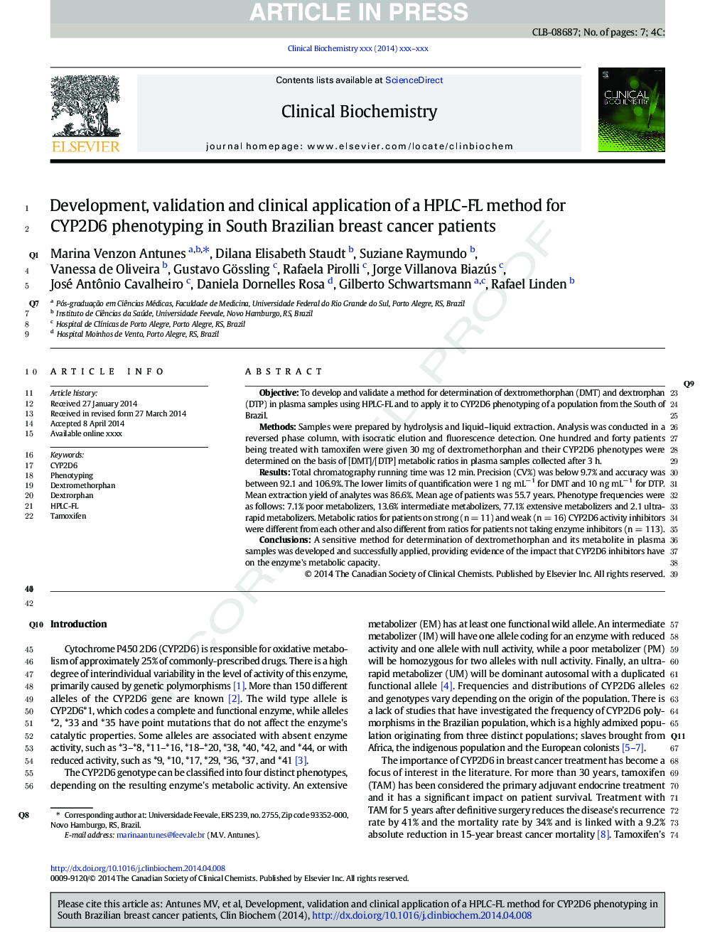 Development, validation and clinical application of a HPLC-FL method for CYP2D6 phenotyping in South Brazilian breast cancer patients