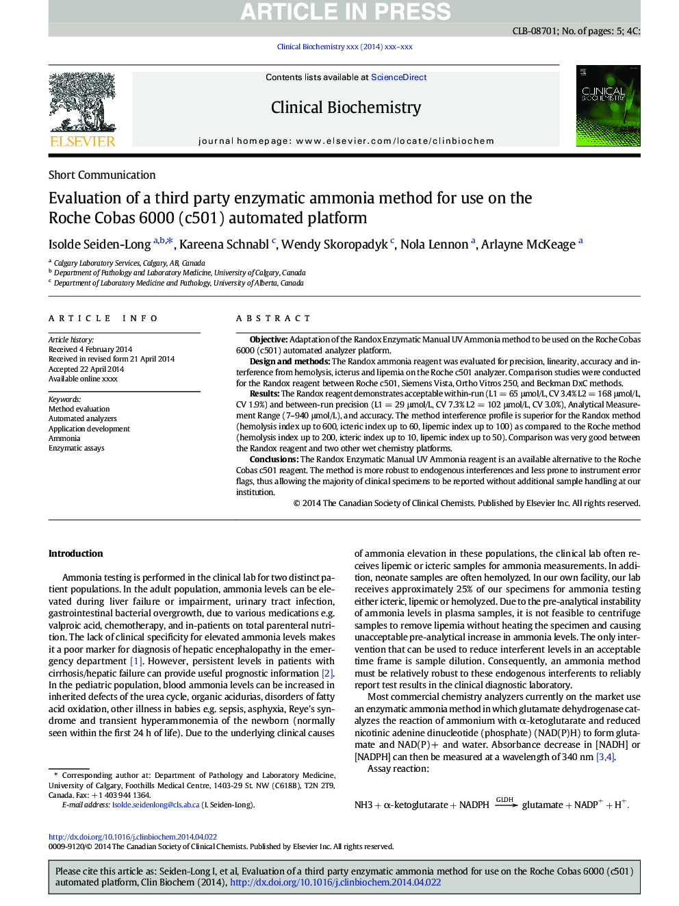 Evaluation of a third party enzymatic ammonia method for use on the Roche Cobas 6000 (c501) automated platform