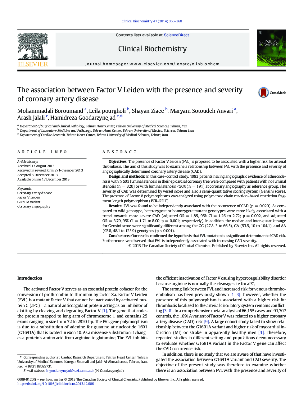 The association between Factor V Leiden with the presence and severity of coronary artery disease