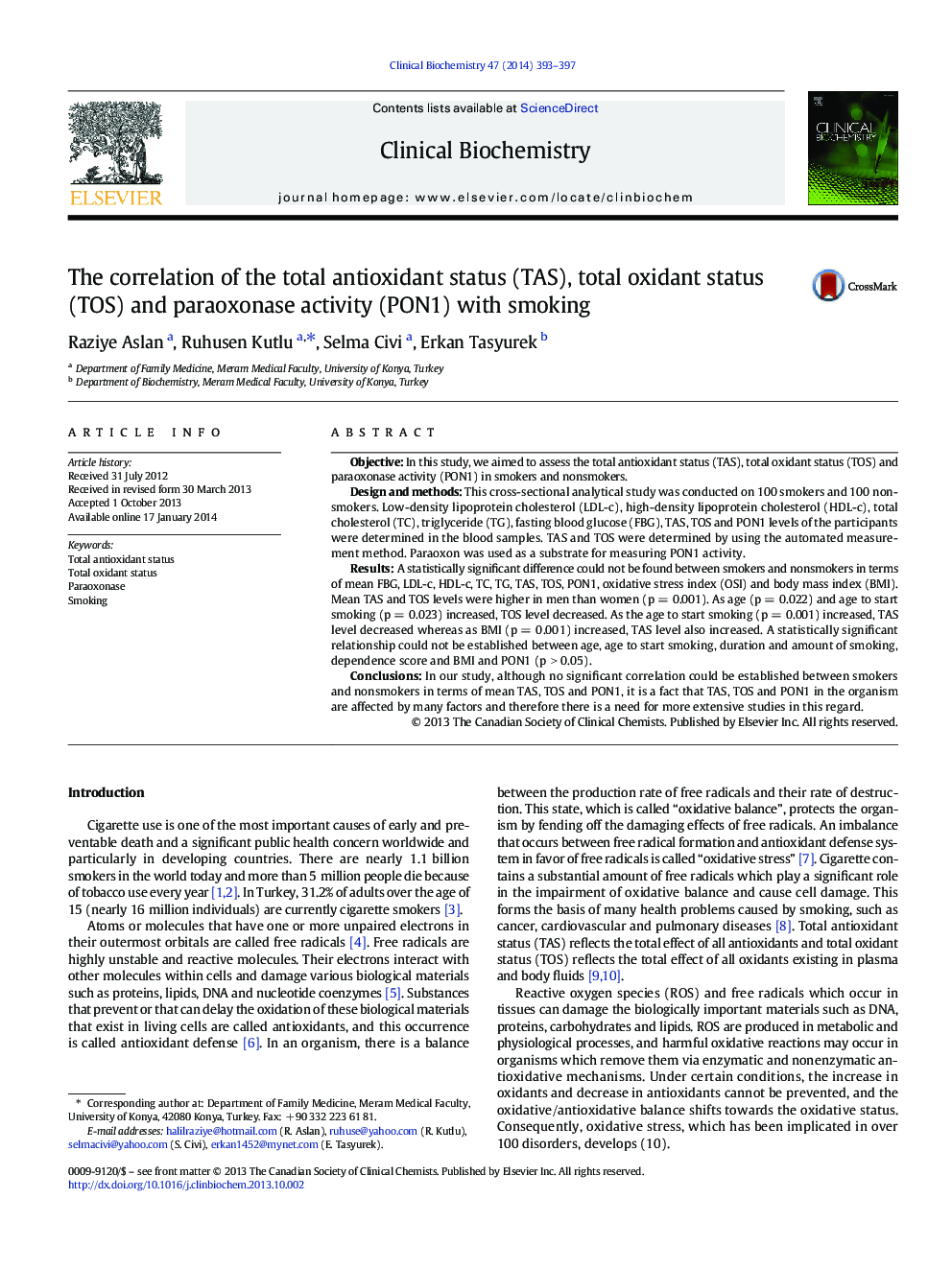 The correlation of the total antioxidant status (TAS), total oxidant status (TOS) and paraoxonase activity (PON1) with smoking