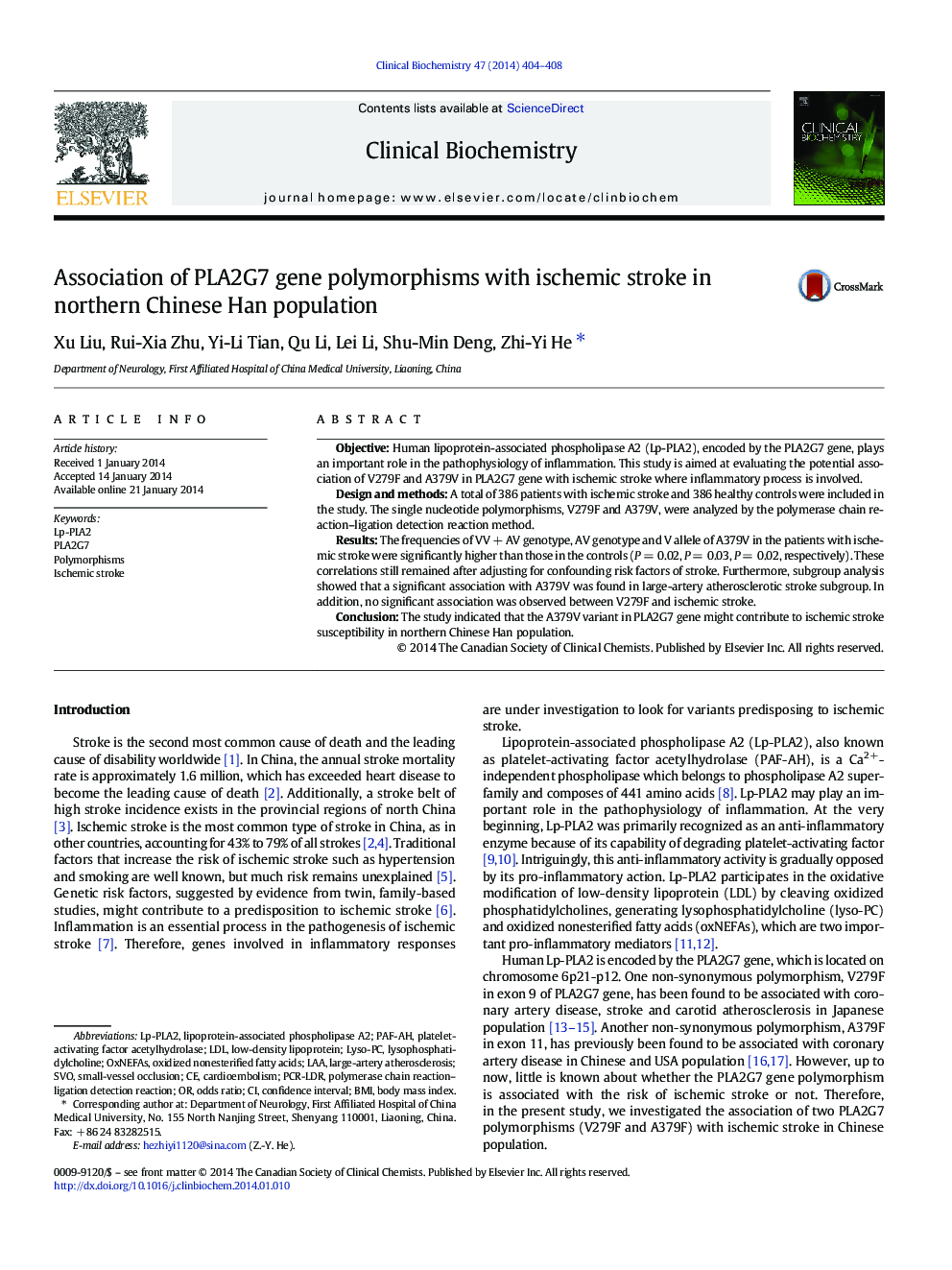 Association of PLA2G7 gene polymorphisms with ischemic stroke in northern Chinese Han population