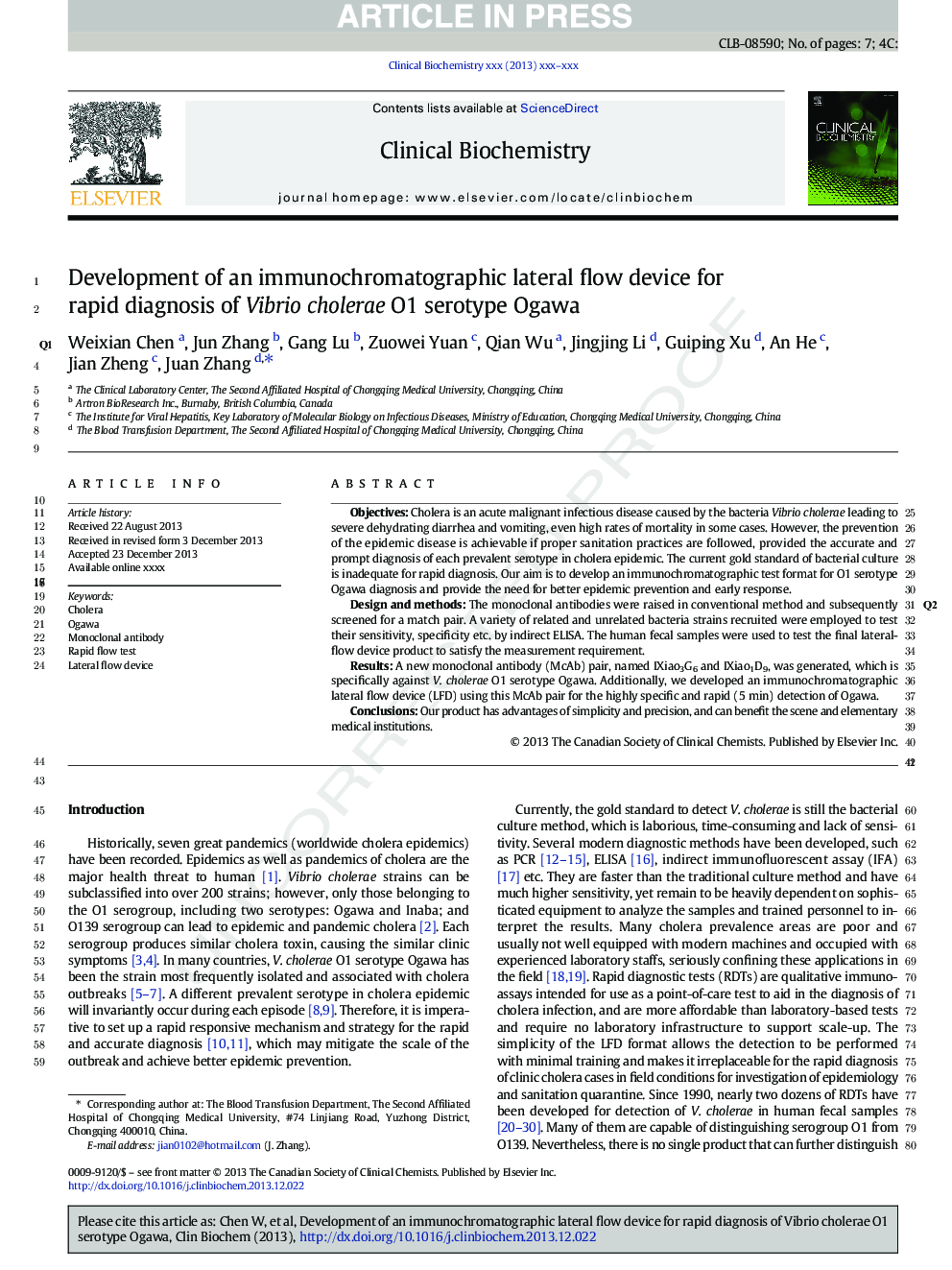 Development of an immunochromatographic lateral flow device for rapid diagnosis of Vibrio cholerae O1 serotype Ogawa