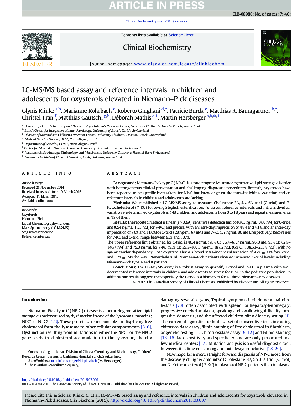 LC-MS/MS based assay and reference intervals in children and adolescents for oxysterols elevated in Niemann-Pick diseases