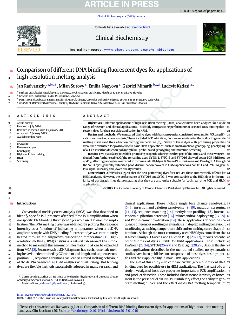 Comparison of different DNA binding fluorescent dyes for applications of high-resolution melting analysis