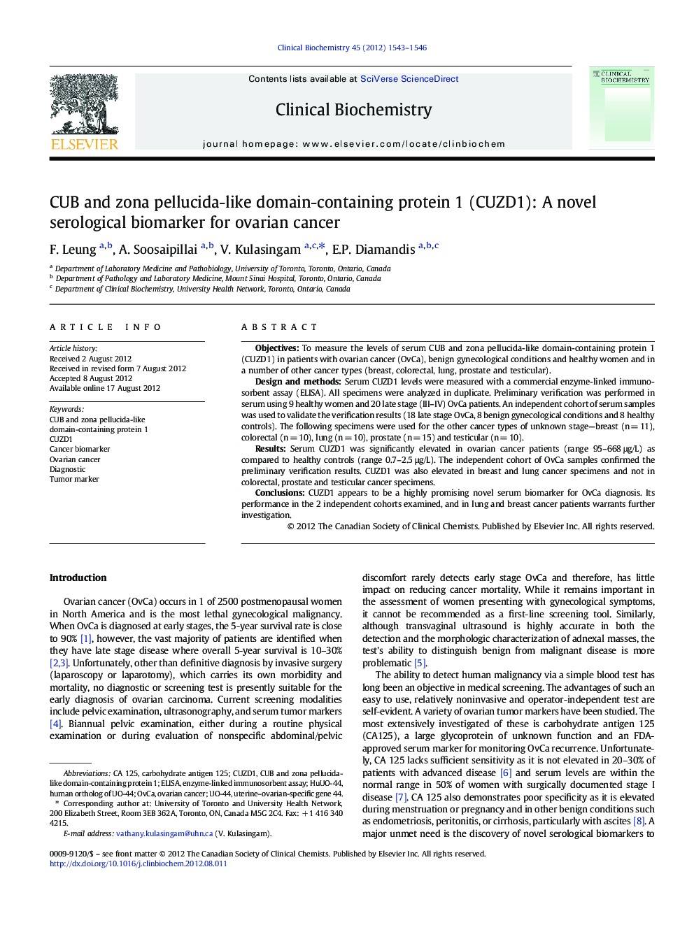 CUB and zona pellucida-like domain-containing protein 1 (CUZD1): A novel serological biomarker for ovarian cancer