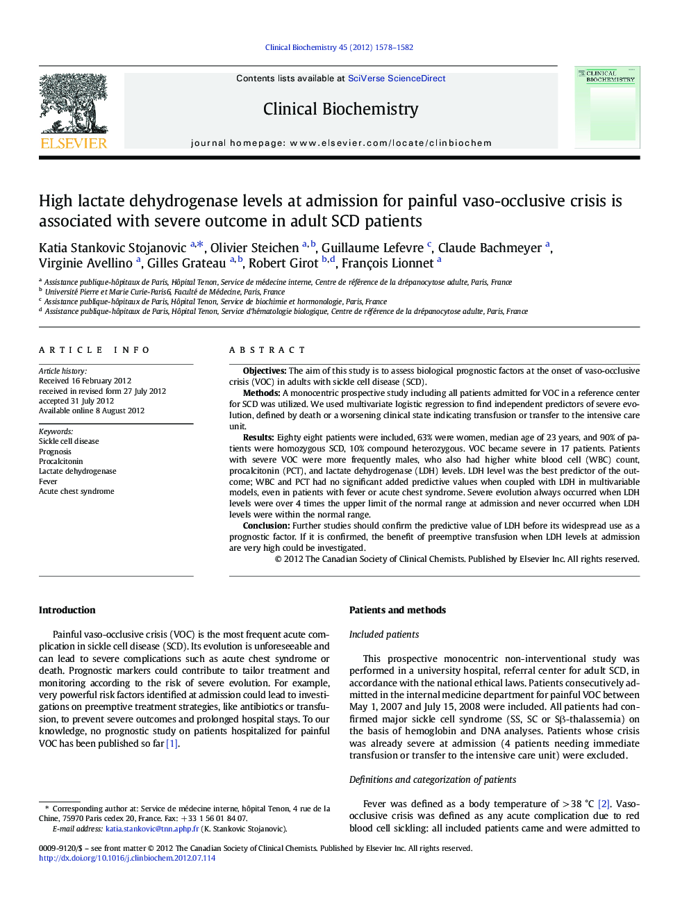 High lactate dehydrogenase levels at admission for painful vaso-occlusive crisis is associated with severe outcome in adult SCD patients