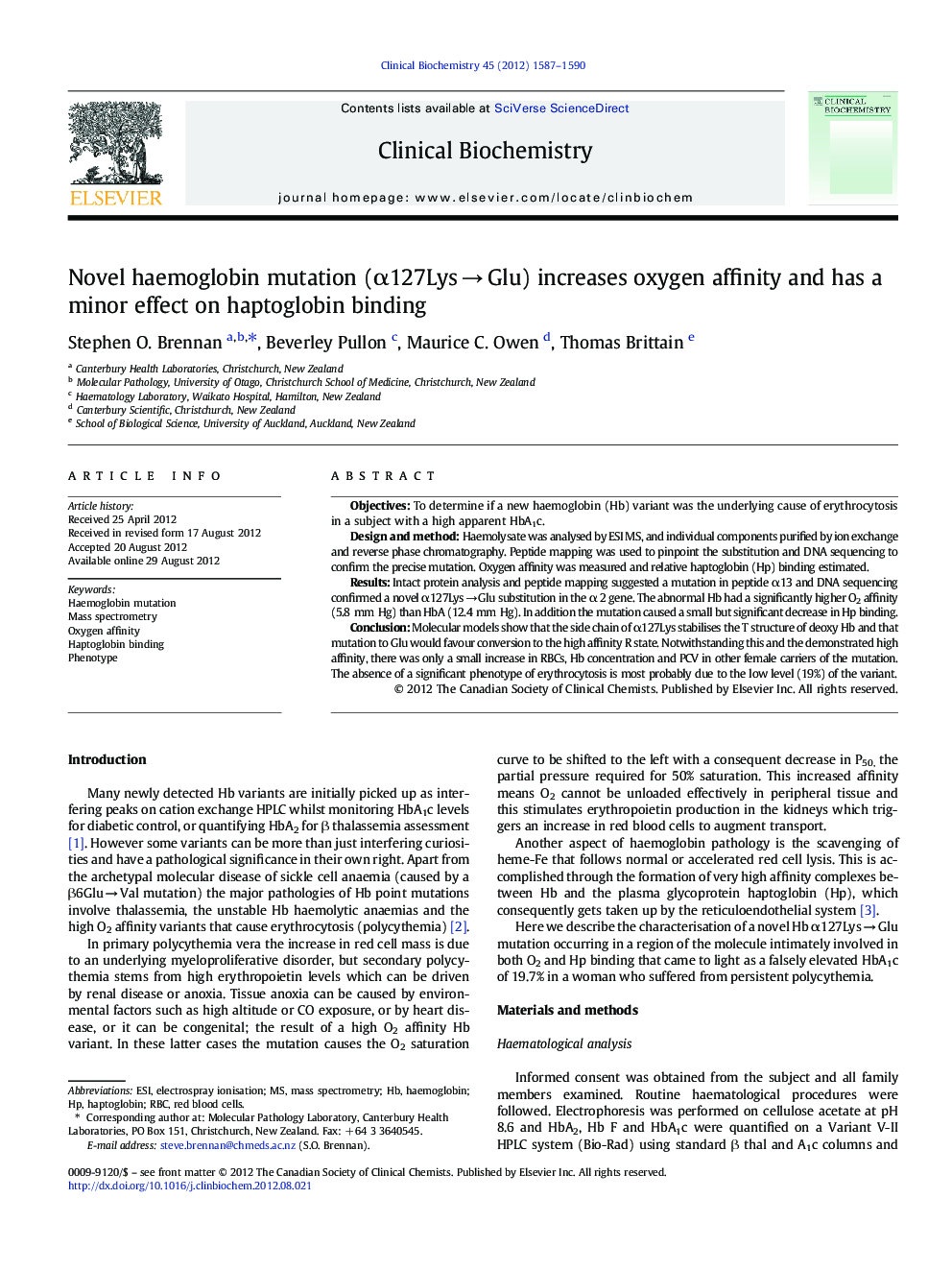 Novel haemoglobin mutation (Î±127LysÂ âÂ Glu) increases oxygen affinity and has a minor effect on haptoglobin binding