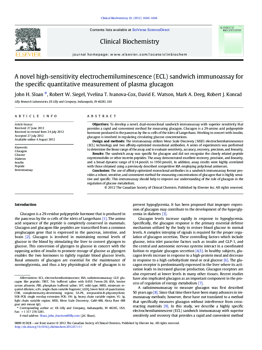 A novel high-sensitivity electrochemiluminescence (ECL) sandwich immunoassay for the specific quantitative measurement of plasma glucagon