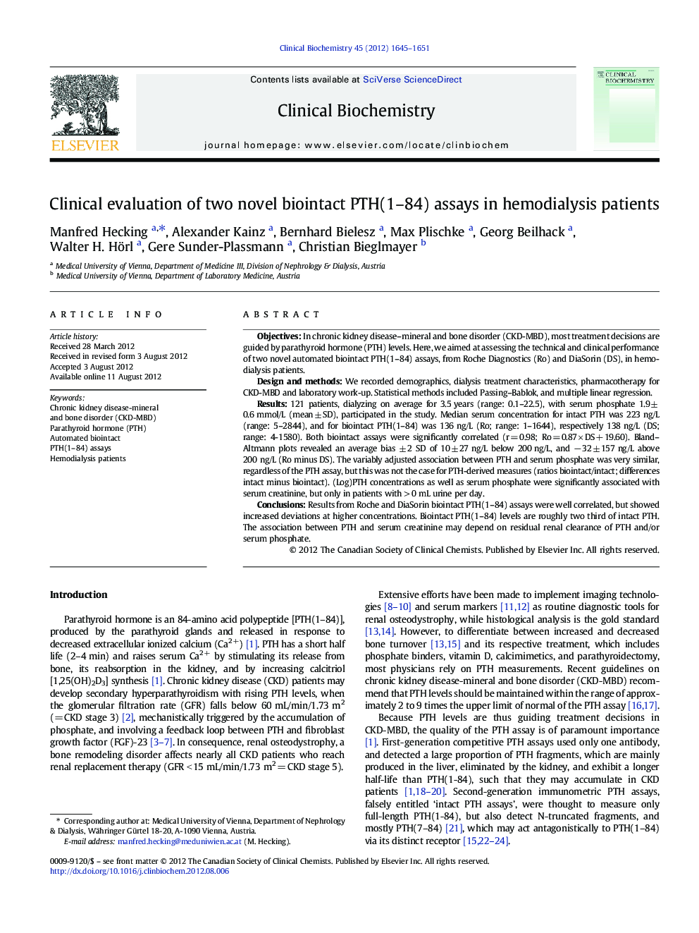 Clinical evaluation of two novel biointact PTH(1-84) assays in hemodialysis patients