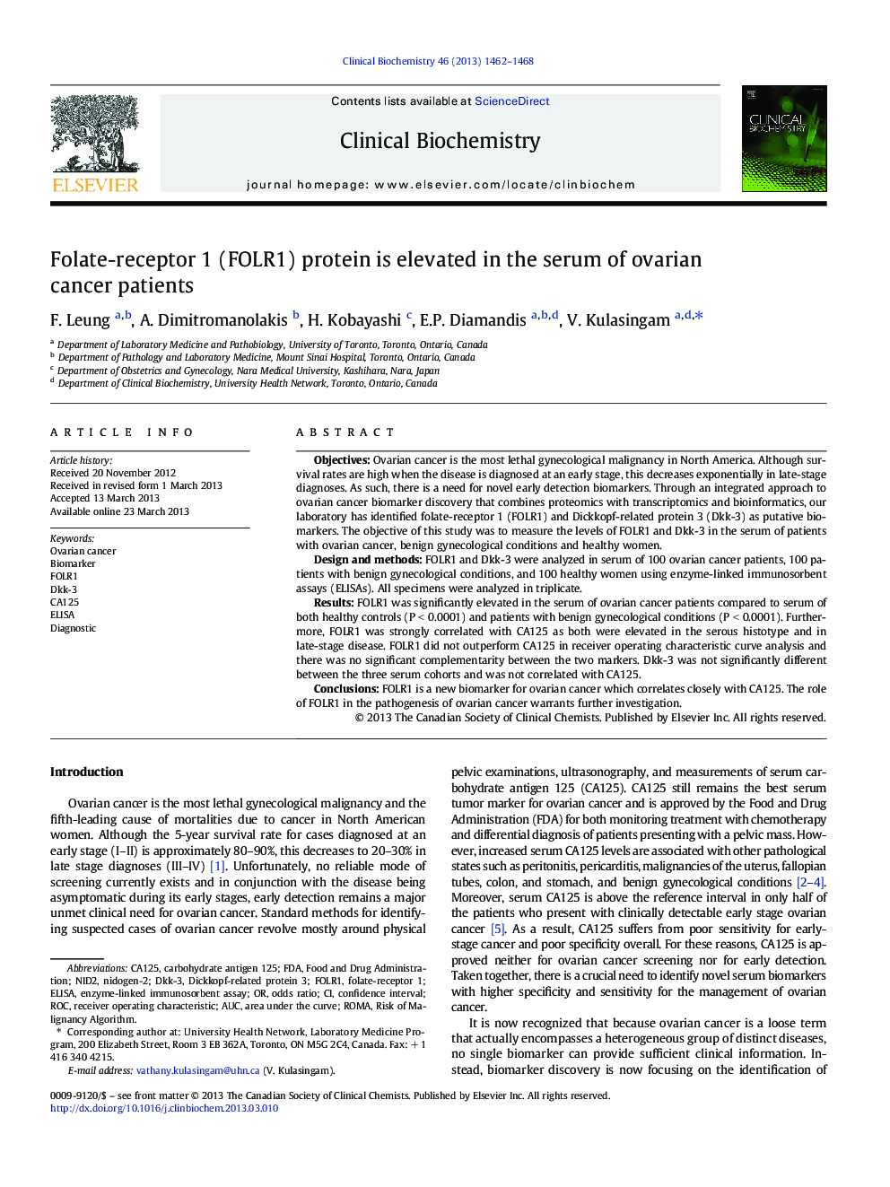 Folate-receptor 1 (FOLR1) protein is elevated in the serum of ovarian cancer patients