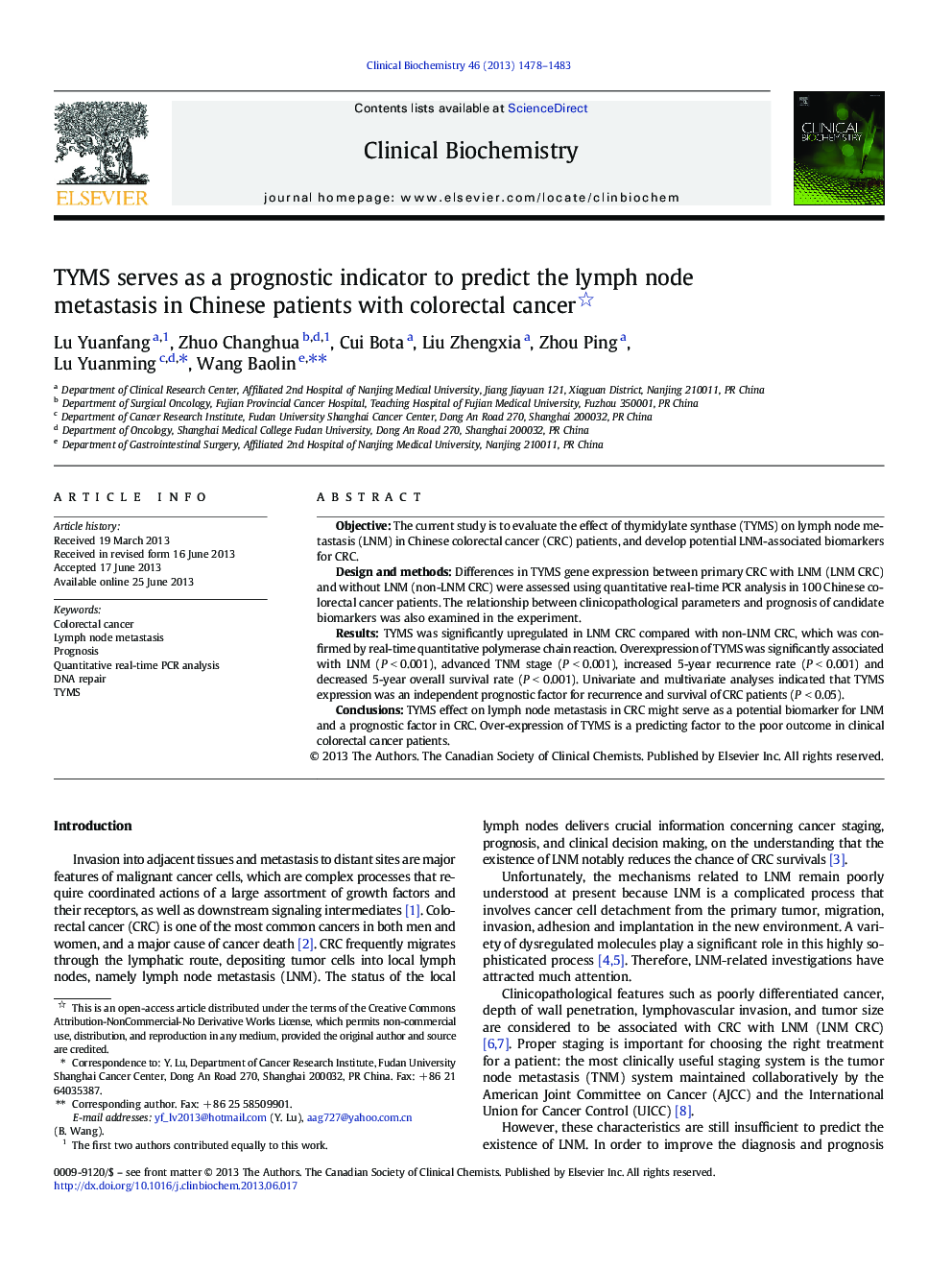 TYMS serves as a prognostic indicator to predict the lymph node metastasis in Chinese patients with colorectal cancer