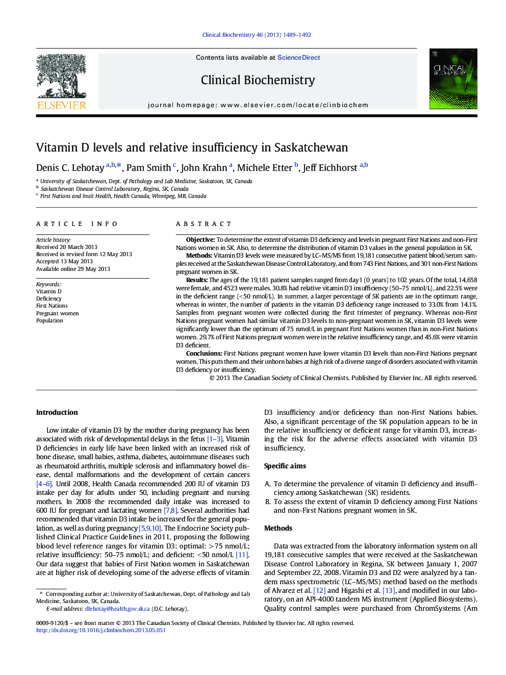 Vitamin D levels and relative insufficiency in Saskatchewan