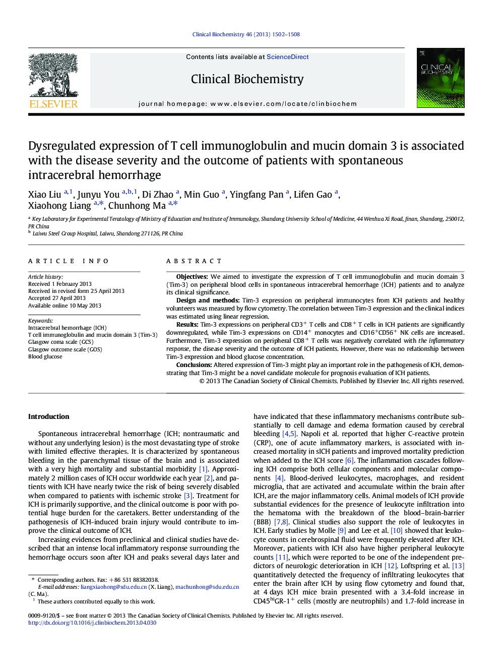 Dysregulated expression of T cell immunoglobulin and mucin domain 3 is associated with the disease severity and the outcome of patients with spontaneous intracerebral hemorrhage