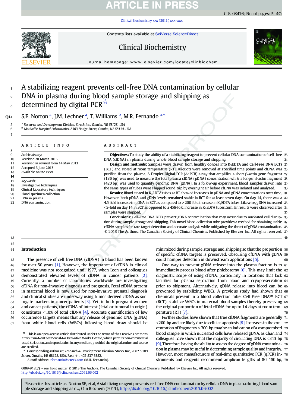 A stabilizing reagent prevents cell-free DNA contamination by cellular DNA in plasma during blood sample storage and shipping as determined by digital PCR