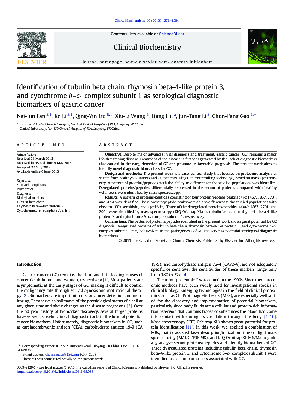 Identification of tubulin beta chain, thymosin beta-4-like protein 3, and cytochrome b-c1 complex subunit 1 as serological diagnostic biomarkers of gastric cancer