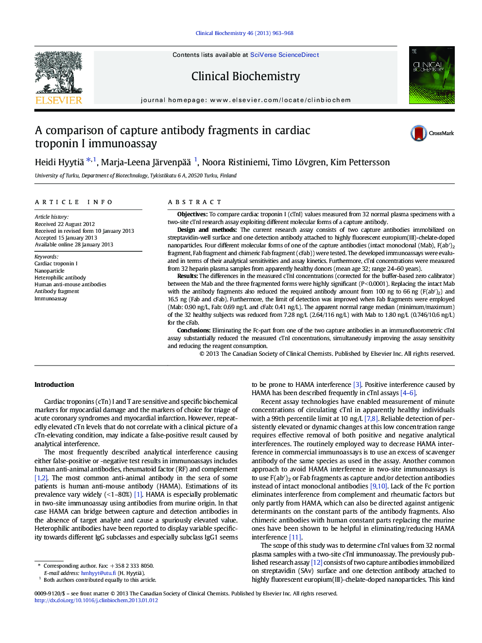 A comparison of capture antibody fragments in cardiac troponin I immunoassay