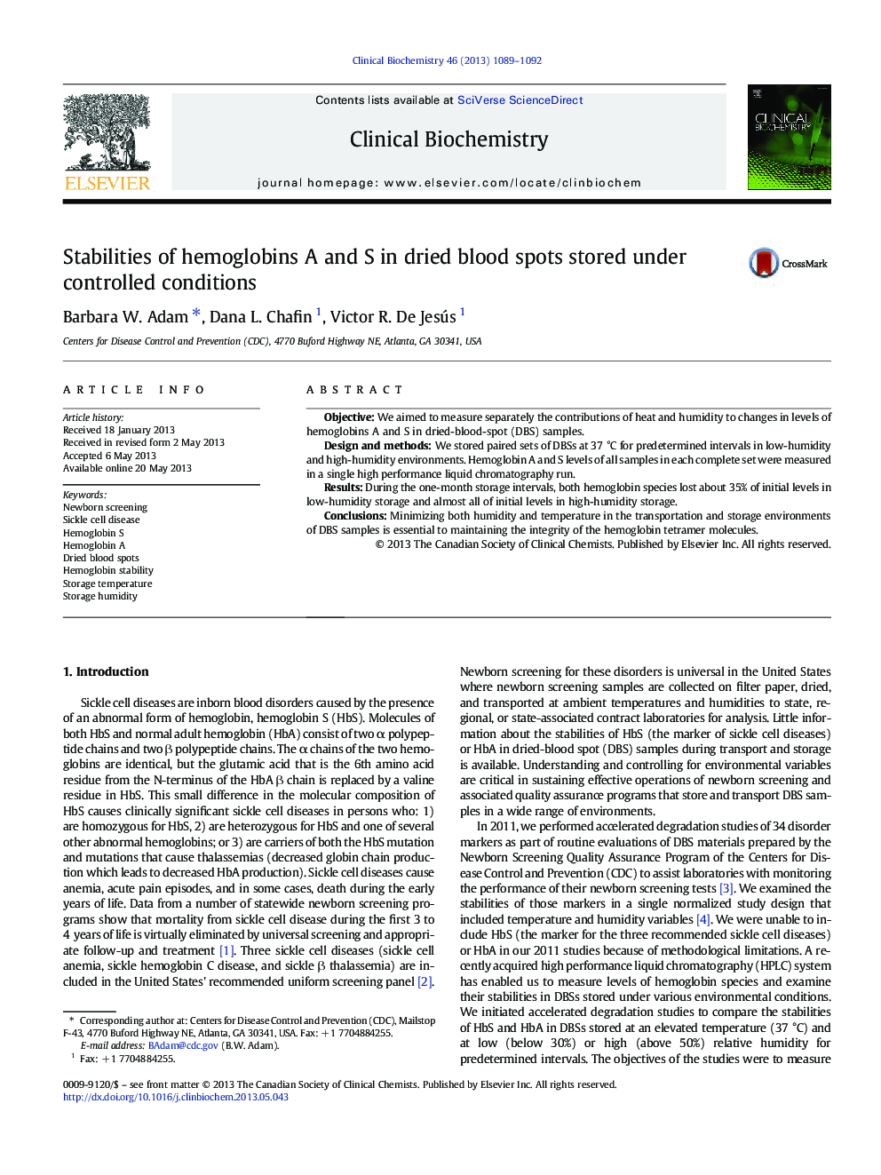 Stabilities of hemoglobins A and S in dried blood spots stored under controlled conditions