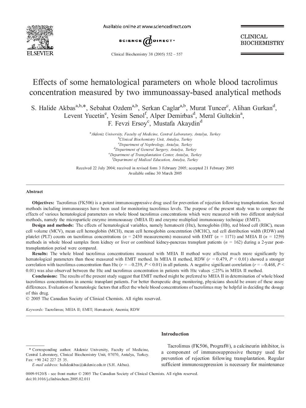 Effects of some hematological parameters on whole blood tacrolimus concentration measured by two immunoassay-based analytical methods