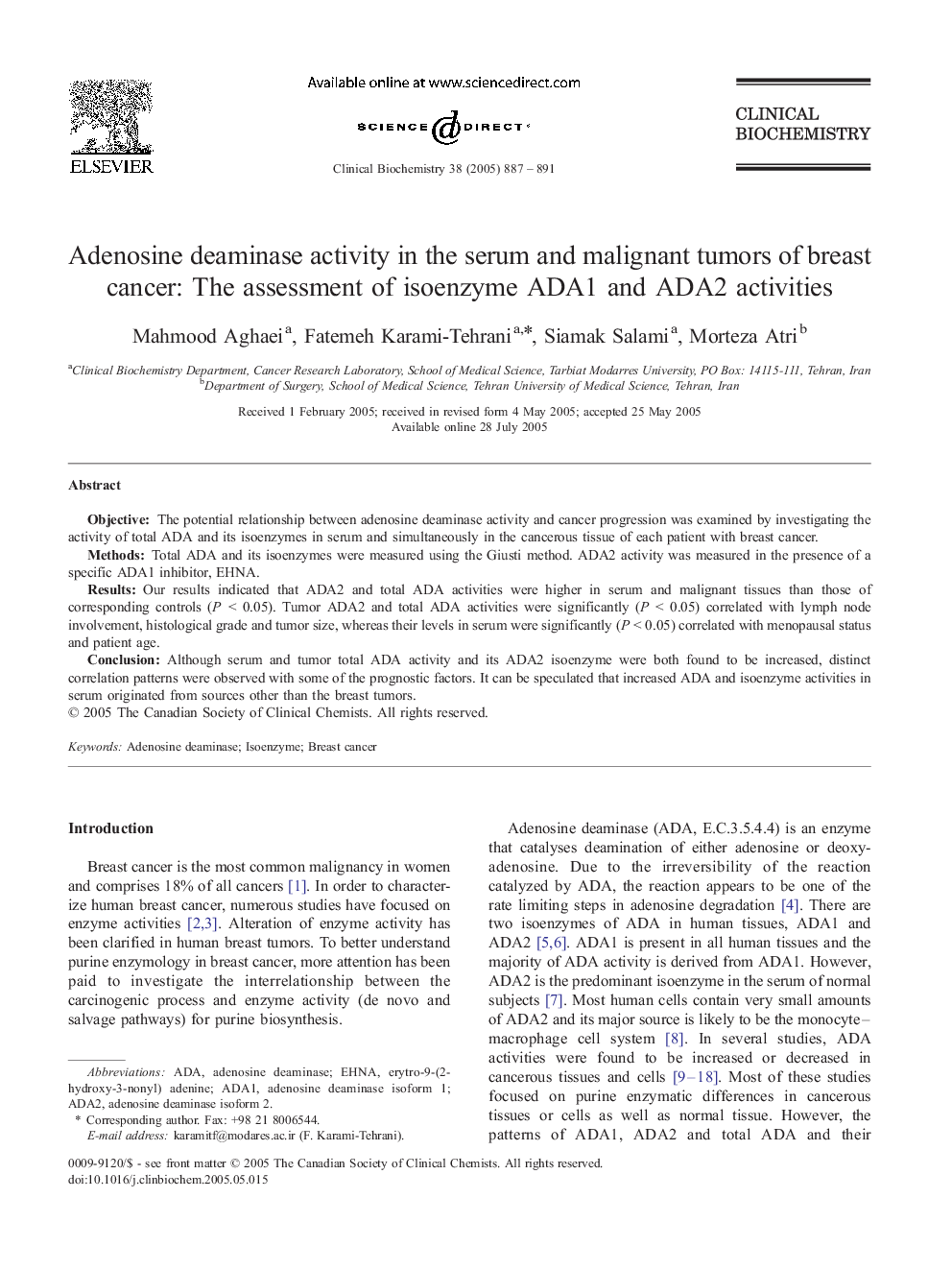 Adenosine deaminase activity in the serum and malignant tumors of breast cancer: The assessment of isoenzyme ADA1 and ADA2 activities