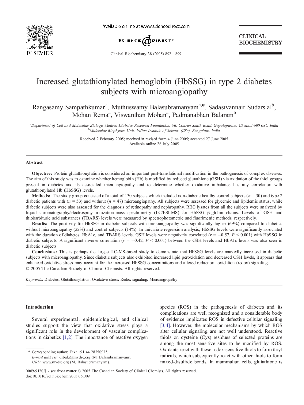 Increased glutathionylated hemoglobin (HbSSG) in type 2 diabetes subjects with microangiopathy