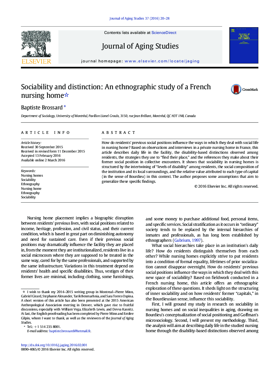 Sociability and distinction: An ethnographic study of a French nursing home 