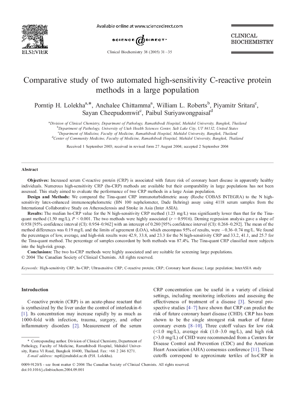 Comparative study of two automated high-sensitivity C-reactive protein methods in a large population