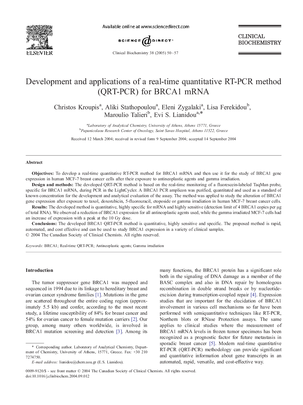 Development and applications of a real-time quantitative RT-PCR method (QRT-PCR) for BRCA1 mRNA