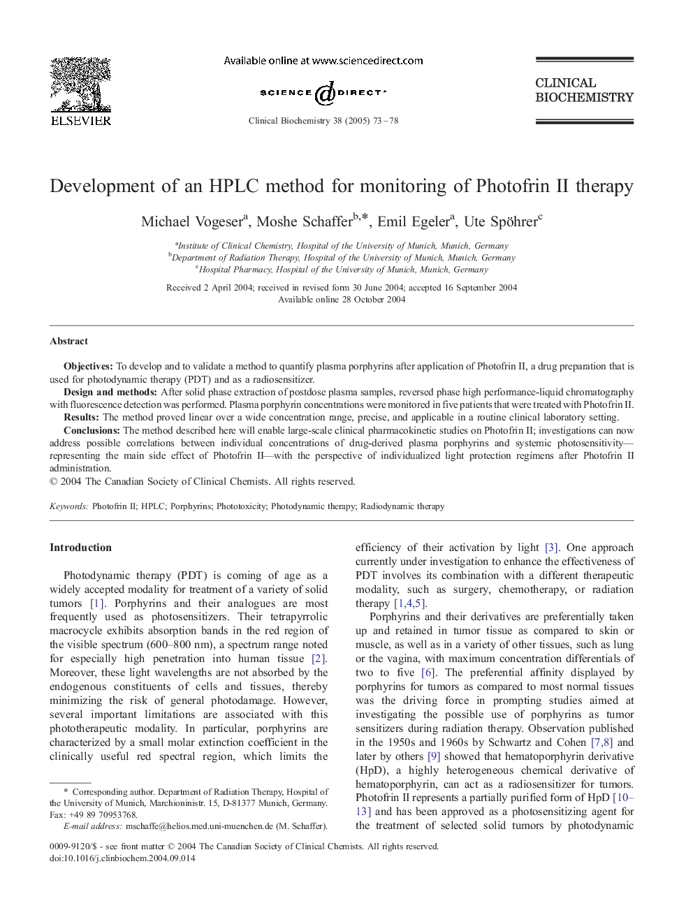 Development of an HPLC method for monitoring of Photofrin II therapy