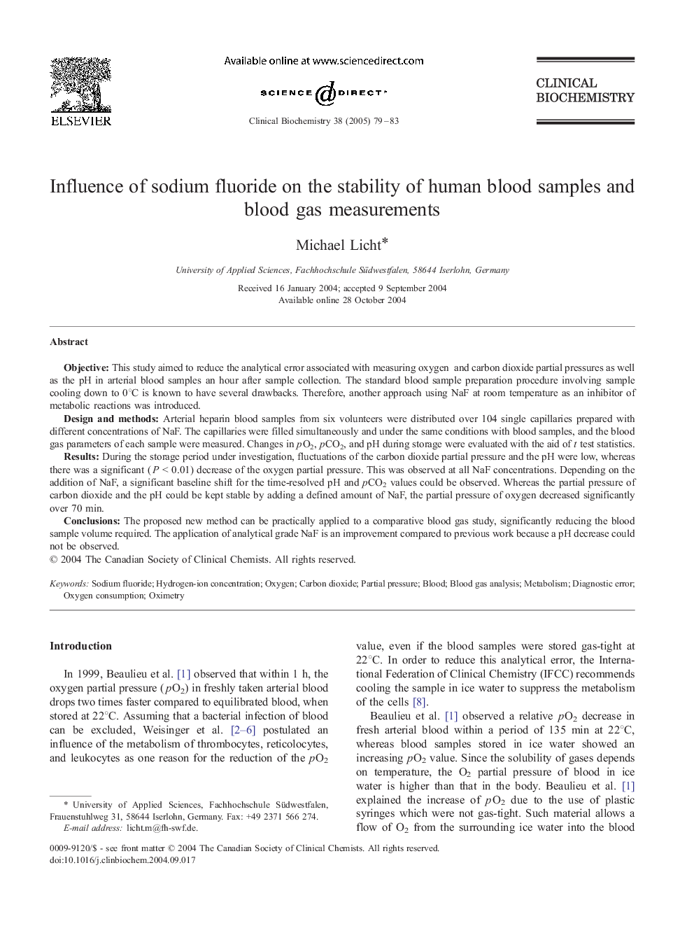 Influence of sodium fluoride on the stability of human blood samples and blood gas measurements