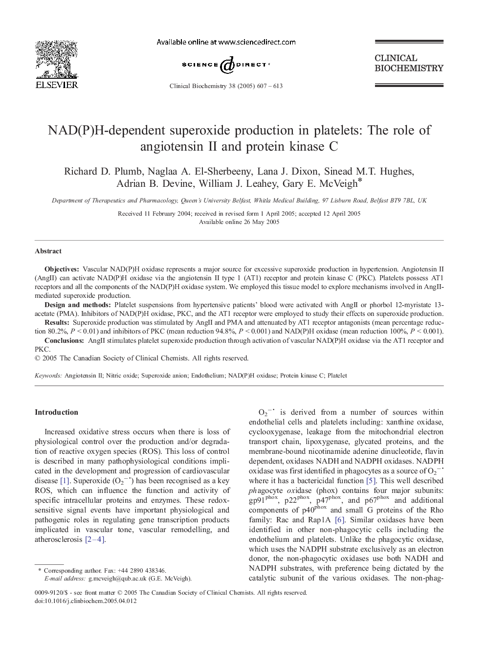 NAD(P)H-dependent superoxide production in platelets: The role of angiotensin II and protein kinase C