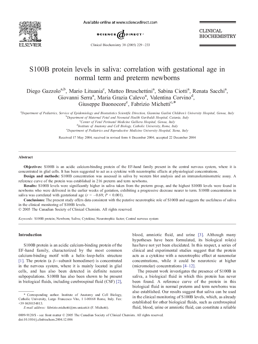 S100B protein levels in saliva: correlation with gestational age in normal term and preterm newborns