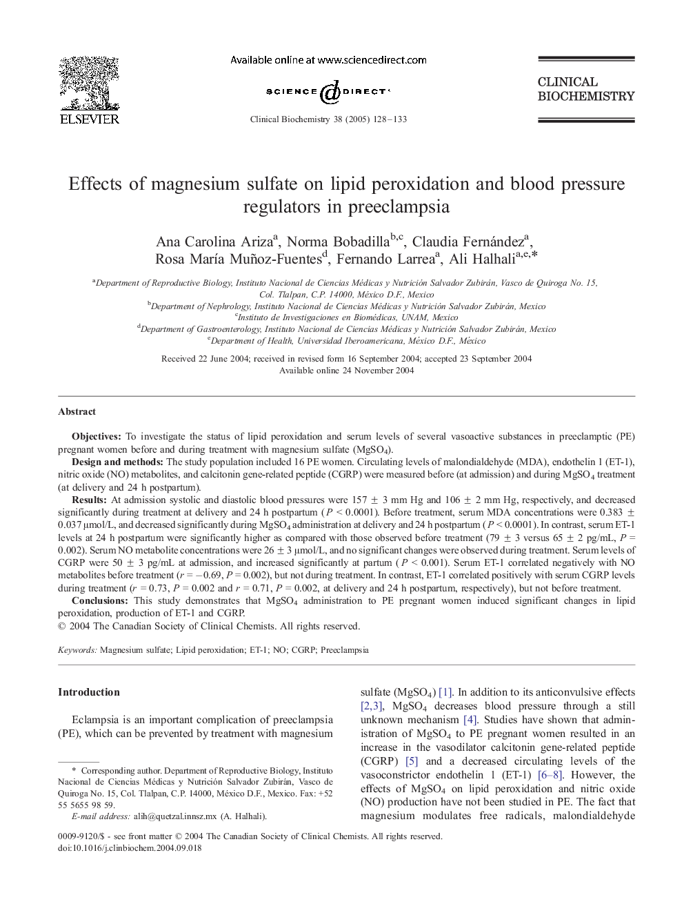 Effects of magnesium sulfate on lipid peroxidation and blood pressure regulators in preeclampsia