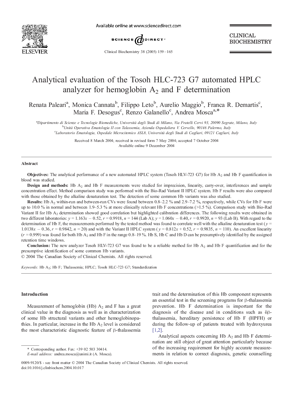 Analytical evaluation of the Tosoh HLC-723 G7 automated HPLC analyzer for hemoglobin A2 and F determination