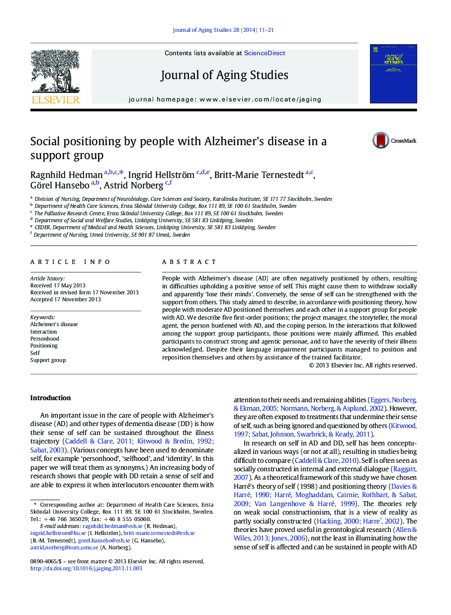 Social positioning by people with Alzheimer's disease in a support group