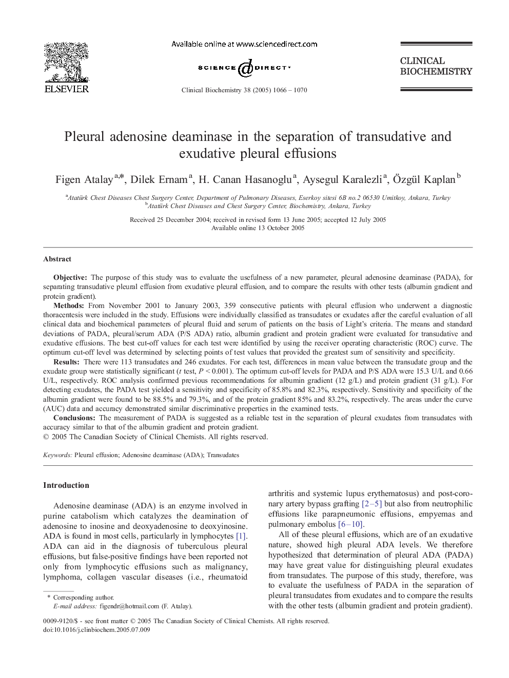 Pleural adenosine deaminase in the separation of transudative and exudative pleural effusions