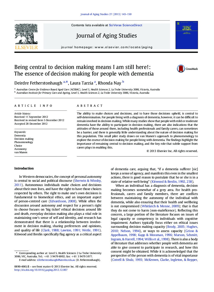 Being central to decision making means I am still here!: The essence of decision making for people with dementia