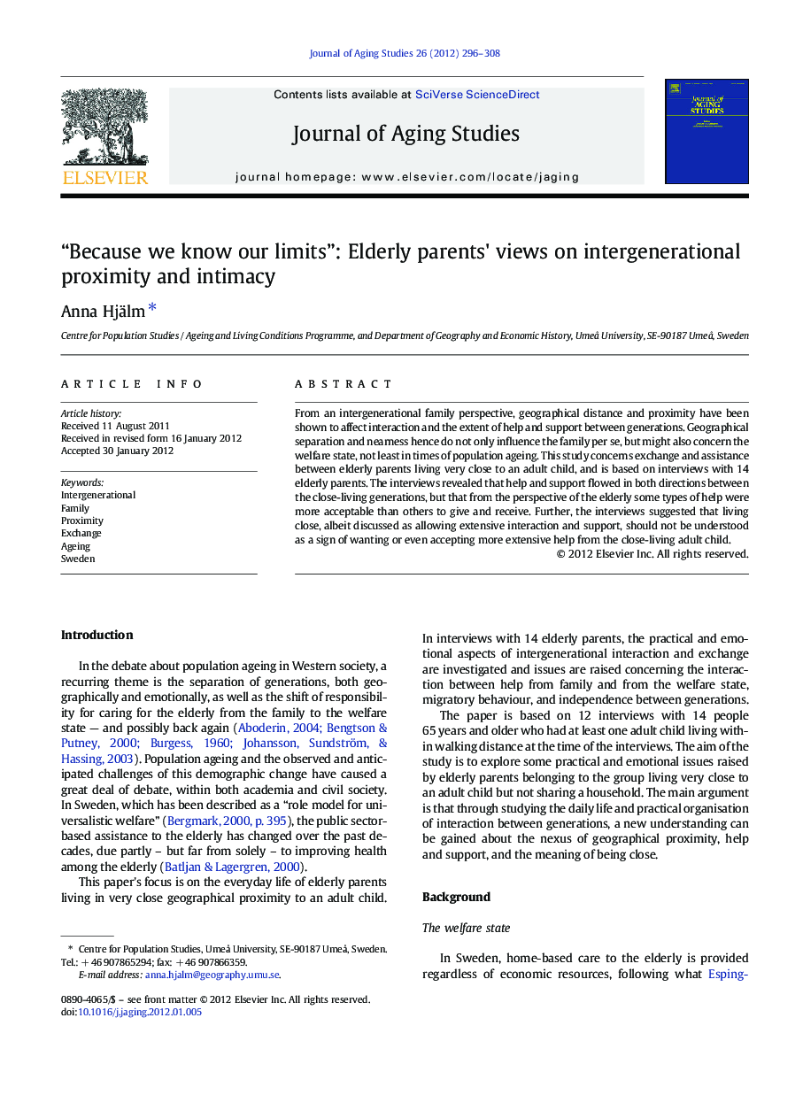 “Because we know our limits”: Elderly parents' views on intergenerational proximity and intimacy