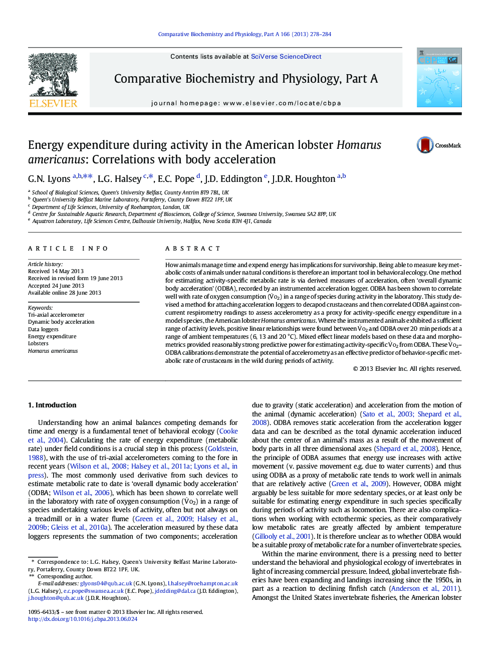 Energy expenditure during activity in the American lobster Homarus americanus: Correlations with body acceleration