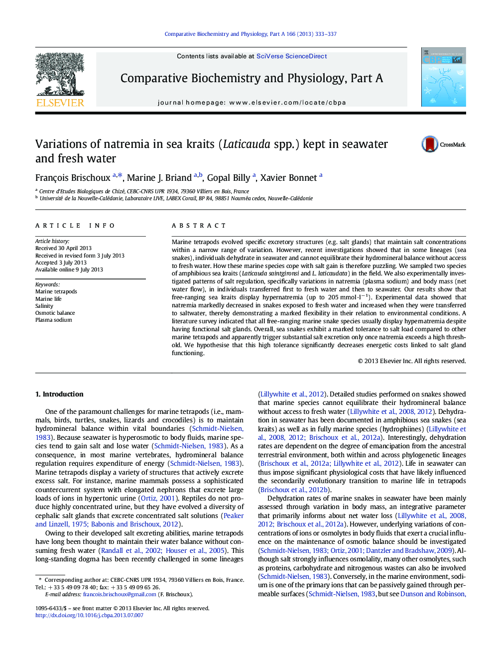 Variations of natremia in sea kraits (Laticauda spp.) kept in seawater and fresh water