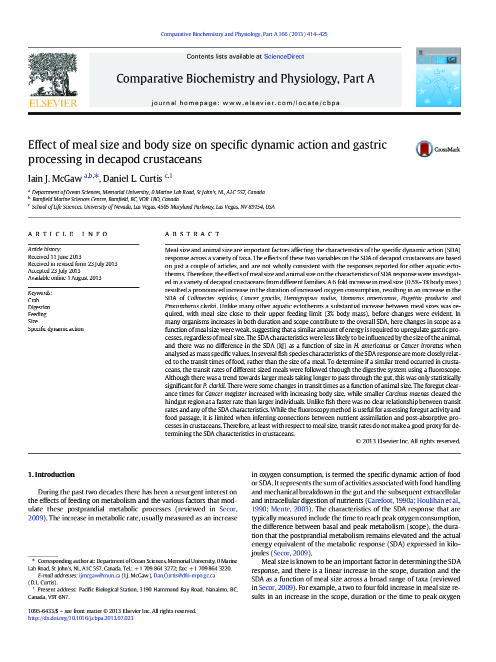 Effect of meal size and body size on specific dynamic action and gastric processing in decapod crustaceans