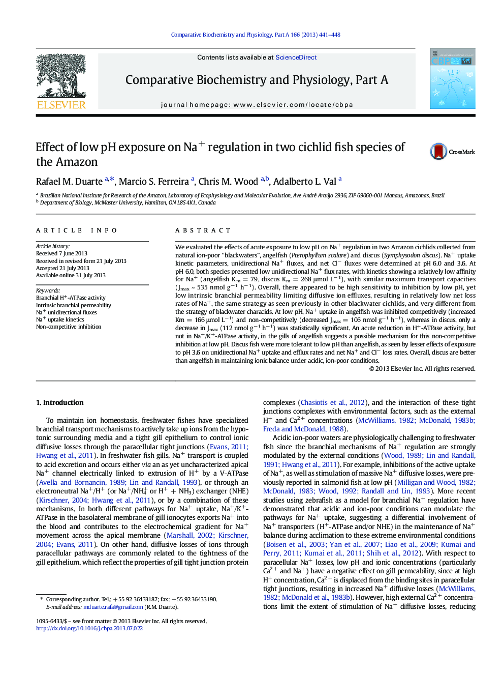 Effect of low pH exposure on Na+ regulation in two cichlid fish species of the Amazon