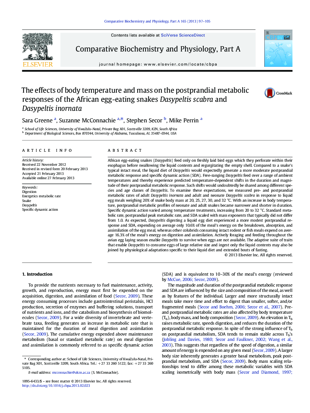 The effects of body temperature and mass on the postprandial metabolic responses of the African egg-eating snakes Dasypeltis scabra and Dasypeltis inornata