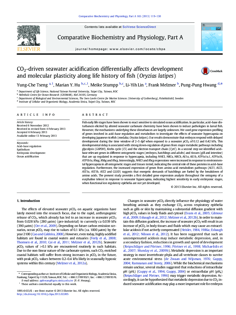 CO2-driven seawater acidification differentially affects development and molecular plasticity along life history of fish (Oryzias latipes)