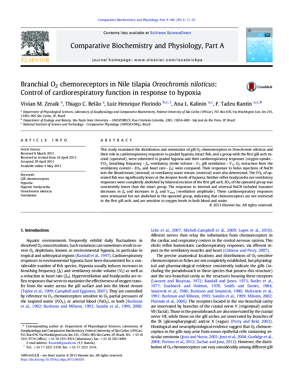 Branchial O2 chemoreceptors in Nile tilapia Oreochromis niloticus: Control of cardiorespiratory function in response to hypoxia